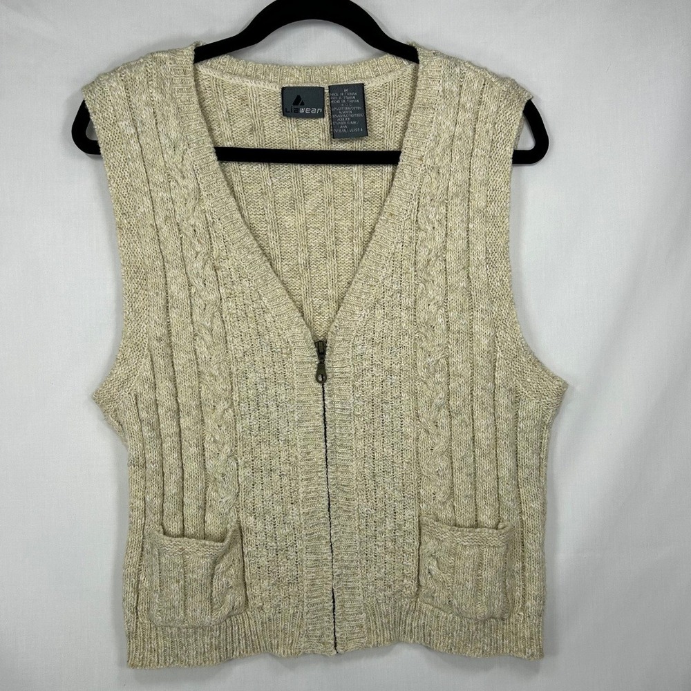 Vintage Lizwear Cable Knit Zip Front Sweater Vest – Cream Wool Blend Pockets (M)